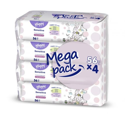 4x BELLA HAPPY BABY Nedves törlőkendők érzékeny aloe verával 56 db, MEGA PACK