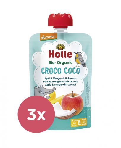 3x HOLLE Croco Coco Bio gyümölcspüré alma, mangó, kókusz, 100 g (8 m+)