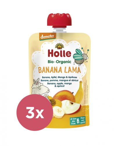 3x HOLLE Banana Lama Bio gyümölcspüré banán, alma, mangó, sárgabarack, 100 g (6 m+)