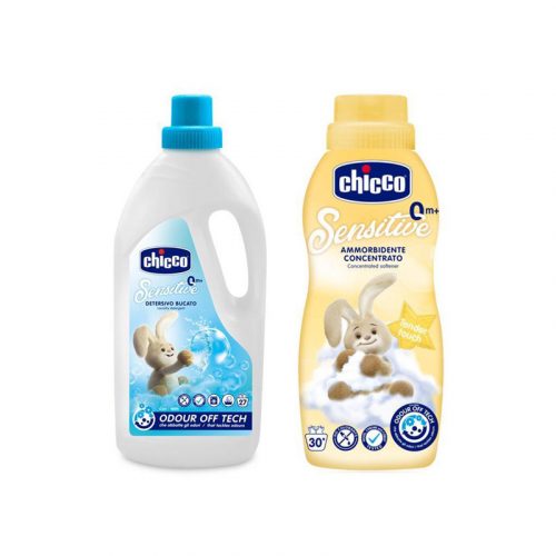 CHICCO Gyermek mosószer Sensitive 1,5 l + Öblítőszer koncentrátum Chicchie Gentle Touch 750 ml