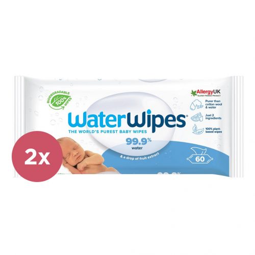 2x WATERWIPES Nedves törlőkendők, műanyagmentes 60 db ( 120 db )