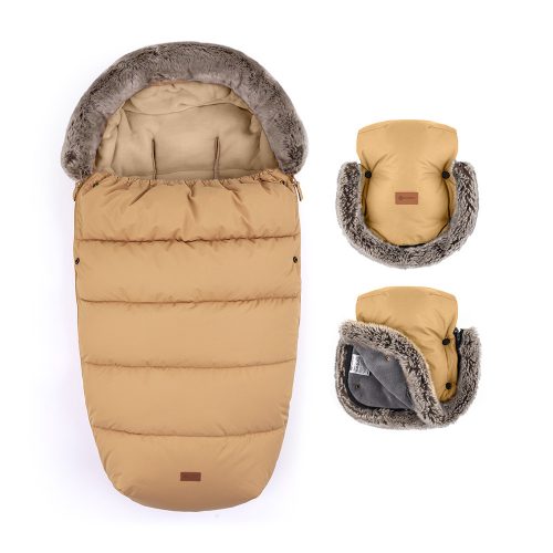 PETITE&MARS Téli szett Comfy 4in1 bundazsák + kézmelegítő kesztyű babakocsira Furry Elegant Caramel